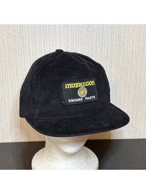 Vintage Muskegon Engine Parts Hat Black Corduroy 5 Panel w/ Patch Snapback USA